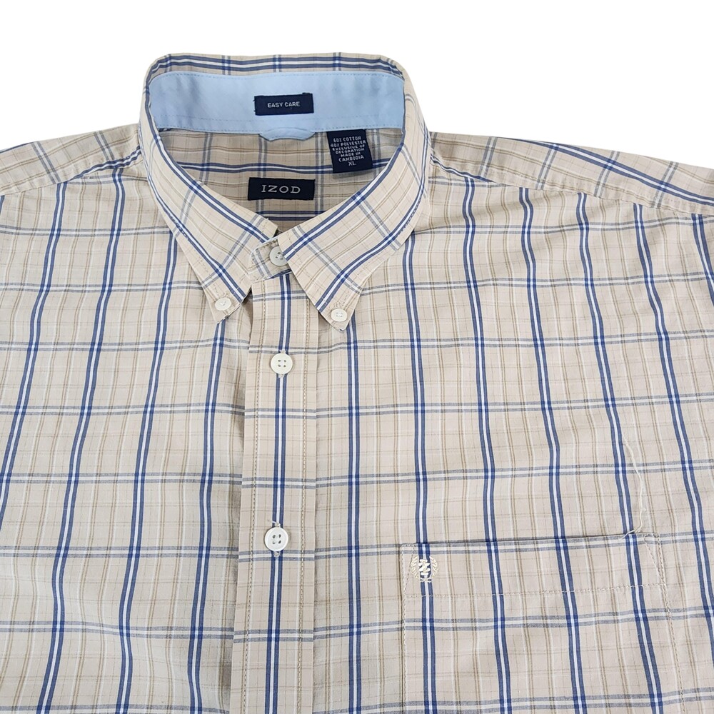 IZOD Shirt Mens XL Beige Plaid Easy Care Short Sleeve Button Down Pocket Casual